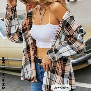 Shein | Tartan Plaid Drop Shoulder Button Up